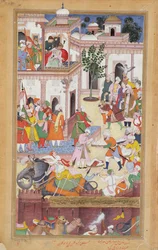 Die Brüder Ali Auli Khan Zaman und Gadhadur Khan in Karah, huldigen Akbar und übergeben Beute von den Afghanen, 1590-98